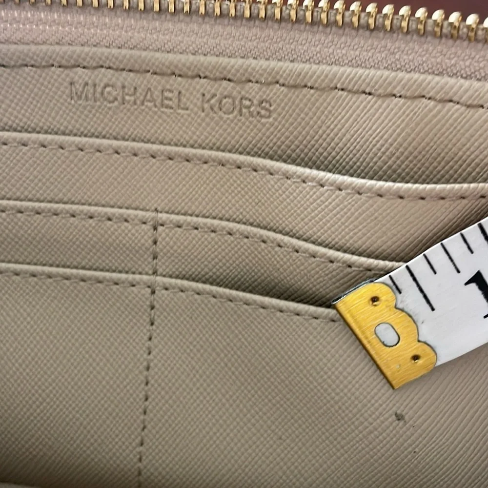 Michael Kors black brown snakeskin embossed logo gold tone zippered wallet